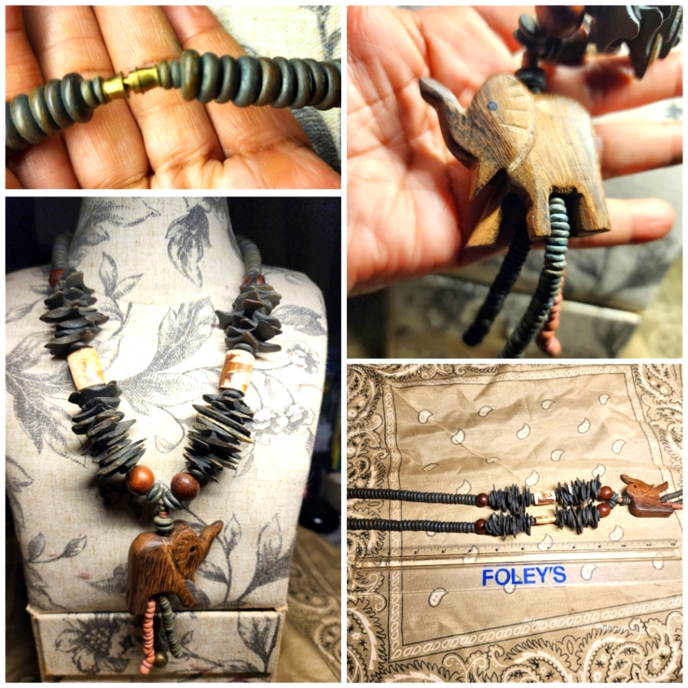Wooden Beaded Elephant Pendant Necklace, Approx. 14" Hang Fastened